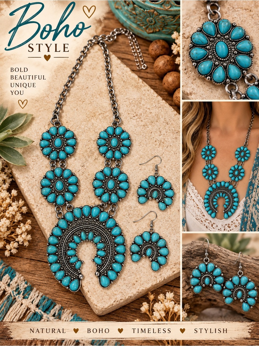 Boho Turquoise Floral Statement Necklace & Earring Set - Unbranded